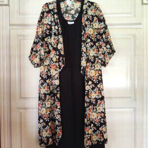 Avenue Long Shift Black Dress & Lularoe Black Sheer Roses Kimono Bundle, Sz XL